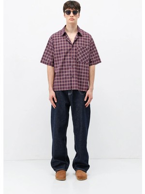 Vamos Kareli Kısa Kollu Oversize Gömlek Bordo