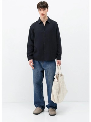 Vamos Dokulu Pamuklu Oversize Gömlek Siyah