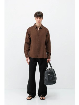 Vamos Müslin Kumaş Oversize Gömlek Kahve