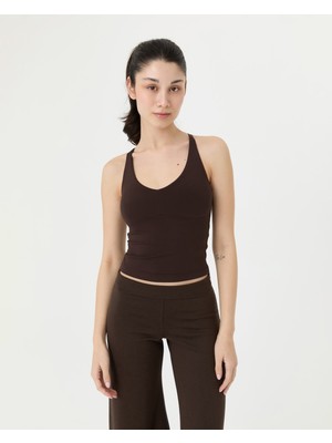 Ayma Active Kahverengi EcoVero™Viskoz Göğüs Pedli Çapraz Ayarlanabilir Askılı V Yaka Longline Bralet