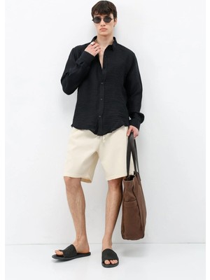 Vamos Dokulu Oversize Gömlek Siyah