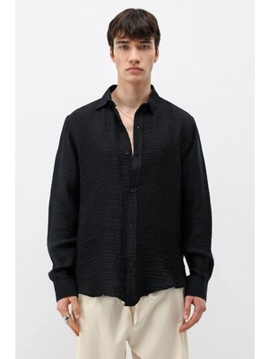 Vamos Dokulu Oversize Gömlek Siyah