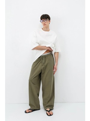 Vamos Super Baggy Fit Keten Pantolon Haki