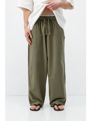 Vamos Super Baggy Fit Keten Pantolon Haki