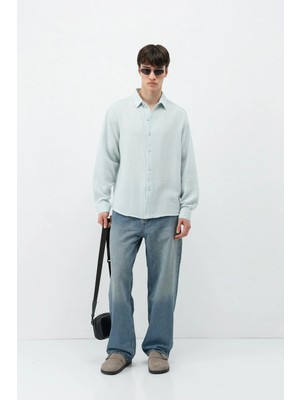 Vamos Dokulu Pamuklu Oversize Gömlek Mavi