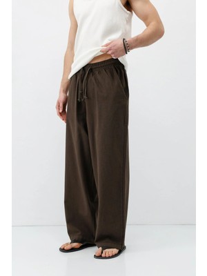 Vamos Super Baggy Fit Keten Pantolon Kahve