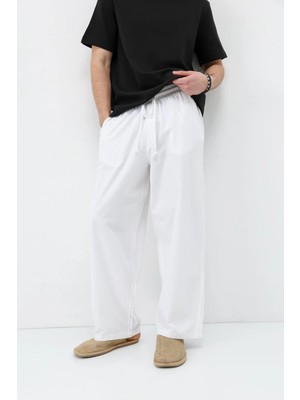 Vamos Super Baggy Fit Keten Pantolon Ekru