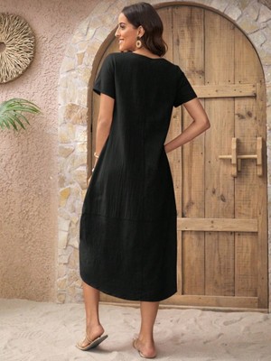 Civetta Kadın Kısa Kollu Bisiklet Yaka Düğme Detay Müslim Elbise