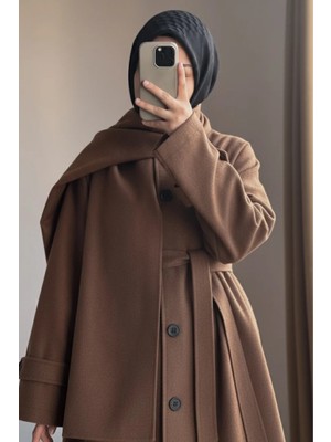 Ande Tesettür Şal Detaylı Kışlık Ferace - Latte