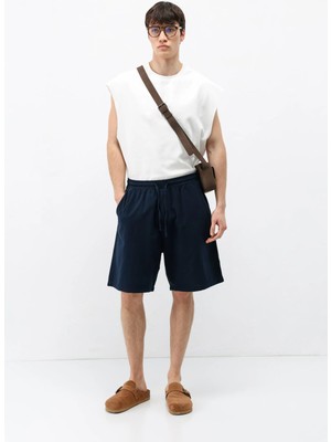 Oversize Keten Şort Lacivert