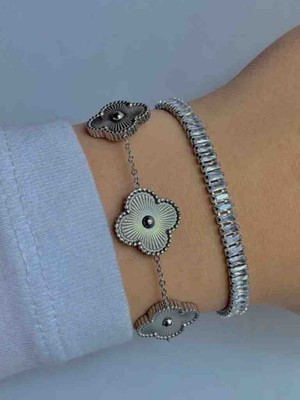 Güneş Takı 2li Gümüş Renk Yonca Baget Suyolu Taşlı Bileklik Seti