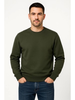 Buğrahayalin Erkek Üç Iplik Düz Bisiklet Yaka Sweatshirt - Haki
