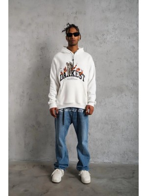 Buğrahayalin Erkek Oversize Kapüşonlu Sweatshirt – Beyaz Renk Üç Iplik Içi Pamuklu Kanguru Cepli Baskılı Hoodie Rahat Kalıp Kışlık Günlük Kombinlere Uygun - Beyaz