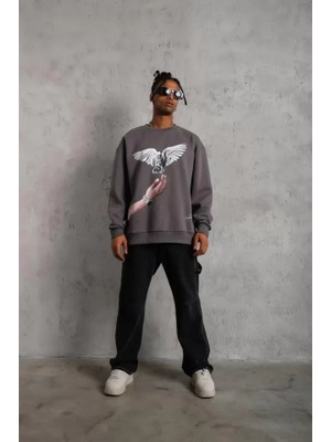 Buğrahayalin Erkek Güvercin Baskılı Sweatshirt - Gri