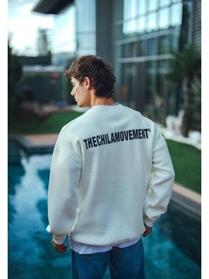 Buğrahayalin Kışlık Bisiklet Yaka Oversize Baskılı Sweatshirt - Beyaz