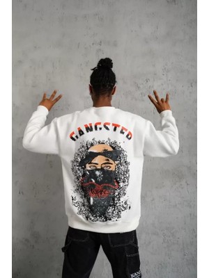 Buğrahayalin Erkek 3 Iplik Gangster Baskılı Sweatshirt - Beyaz