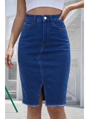 Indispensablely Kadın Yüksek Bel Önden Yırtmaçlı Kısa Kot Etek