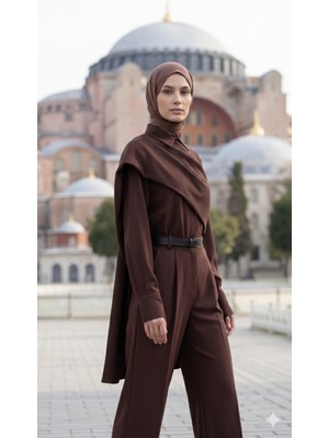 Indispensablely Kadın Uzun Kollu Şal Detaylı Bluz ve Pantolon Kemer Dahil Ikili Takım