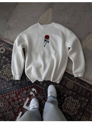 Buğrahayalin Unisex Bisiklet Yaka Ön ve Arka Baskılı Sweatshirt - Beyaz