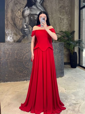 Veyla Şal Aksesuarlı Eteği Şifon Düşük Kol Uzun Boy Abiye Kırmızı