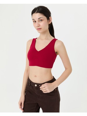 Ayma Active Vişne Kırmızı EcoVero™Viskoz Göğüs Pedsiz Büzgülü V Yaka Yoga Bra
