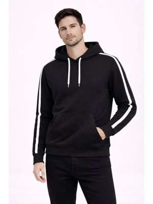 Buğrahayalin Erkek Şeritli Kapüşonlu Sweatshirt Oversize 3 Iplik Pamuklu - Siyah