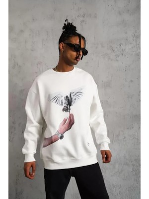Buğrahayalin Erkek Güvercin Baskılı Sweatshirt - Beyaz