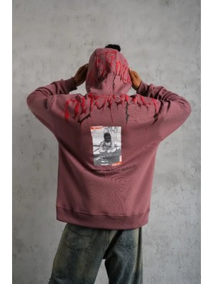Buğrahayalin Erkek Ön ve Arka Baskılı Kapüşonlu 3 Iplik Sweatshirt - Gül Kurusu