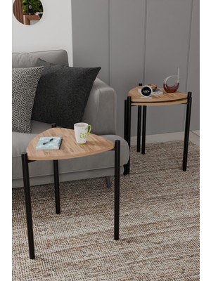 Alpa Ev Mobilya 3'lü Üçgen Zigon Sehpa Seti | Metal Ayaklı Salon Oturma Odası Yan Sehpa - Kahve Sehpası