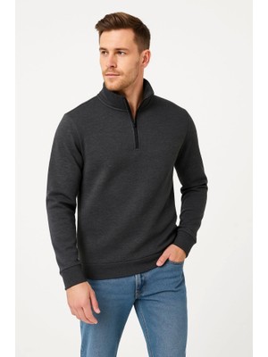 Buğrahayalin Erkek Dik Yaka Sweatshirt Dik Yaka Yarım Fermuarlı 3 Iplik Şardonlu Pamuk Kumaş - Antrasit