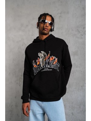 Buğrahayalin Erkek Oversize Kapüşonlu Sweatshirt – Siyah Renk Üç Iplik Içi Pamuklu Kanguru Cepli Baskılı Hoodie Rahat Kalıp Kışlık Günlük Kombinlere Uygun - Siyah