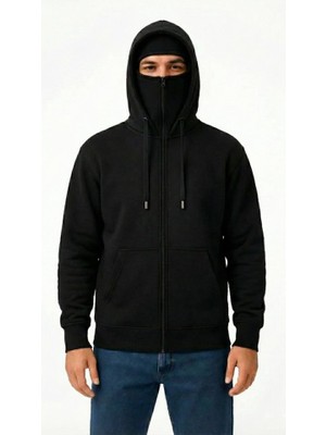Buğrahayalin Samuray Ninja Çift Kapüşonlu Zıp Fermuarlı Kanguru Cepli Tam Fermuarlı Hoodie Sweatshirt - Siyah