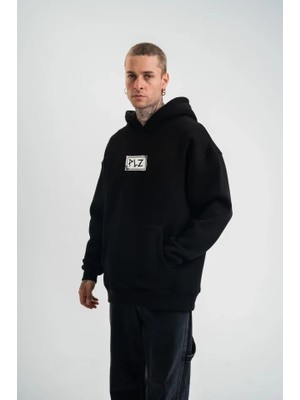 Buğrahayalin Unisex Kapşonlu Uzun Kol Patchli Nakışlı Sweatshirt - Siyah
