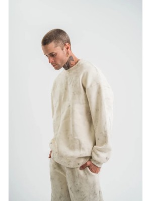 Buğrahayalin Erkek 3 Iplik Pamuklu Yağ Yıkamalı Sweatshirt Double Oversize Bisiklet Yaka Uzun Kol - Krem
