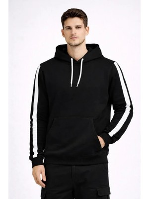 Buğrahayalin Erkek Şeritli Kapüşonlu Sweatshirt Oversize 3 Iplik Pamuklu - Siyah