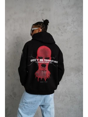 Buğrahayalin Erkek Oversize Üç Iplik Kapüşonlu Sweatshirt – Siyah “don’t Be Terrified” Ön, Sırt ve Kol Baskılı, Kanguru Cepli, Ribanalı Rahat Model- Siyah