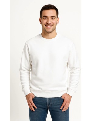 Buğrahayalin Erkek Üç Iplik Düz Bisiklet Yaka Sweatshirt - Beyaz
