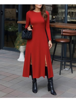 Buğrahayalin Kadın Uzun Kollu Hafif Kayık Yaka Sırt Dekolteli Yırtmaç Detaylı Viskon Tam Boy Elbise