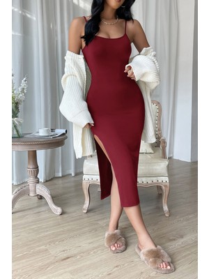 Byb Moda Tasarım Giyim Kadın Bordo Yırtmaçlı Diz Altı Vücüdu Saran Gecelik Beruflic