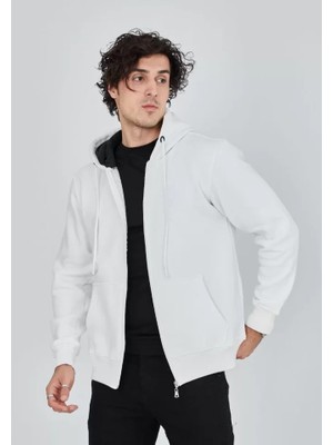 Buğrahayalin Unisex Tam Fermuarlı Kapşonlu  Sweatshirt - Beyaz