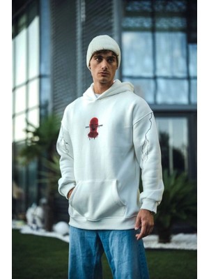 Buğrahayalin Üç Iplik Kapşonlu Baskılı Oversize Sweatshirt- Beyaz