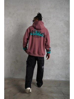 Buğrahayalin Erkek Üç Iplik Içi Pamuklu Alev Baskılı Kapüşonlu Sweatshirt - Gül Kurusu
