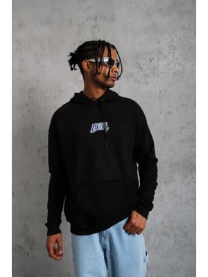 Buğrahayalin Erkek Baskılı Oversize Üç Iplik Kapüşonlu Sweatshirt - Siyah