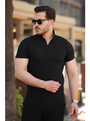 Indispensablely Erkek Hakim Yaka Dokuma Pamuklu Kumaş Kısa Kollu T-Shirt