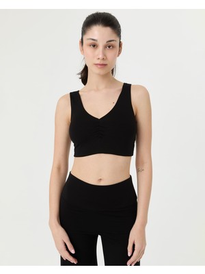 Ayma Active Siyah EcoVero™Viskoz Göğüs Pedsiz Büzgülü V Yaka Yoga Bra