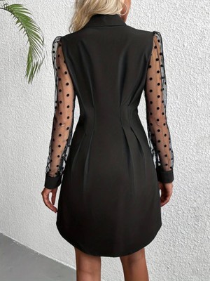 Buğrahayalin Kadın Uzun Puantiyeli Tül Kol Gömlek Yakalı Önden Düğmeli Ithal Krep Elbise