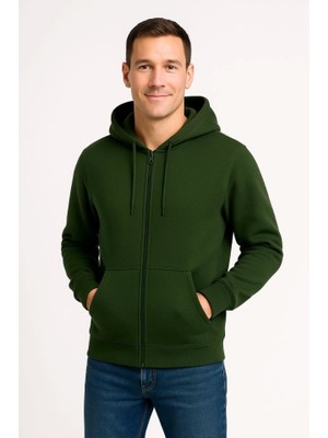Buğrahayalin Erkek Üç Iplik Kapüşonlu Tam Fermuarlı Kanguru Çepli Sweatshirt Hoodie - Haki