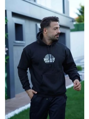 Buğrahayalin Erkek Sırt Baskılı Kapüşonlu Üç Iplik Oversize Sweatshirt - Siyah