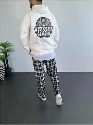 Buğrahayalin Erkek Baskılı Üç Iplik Kapüşonlu Oversize Sweatshirt - Beyaz