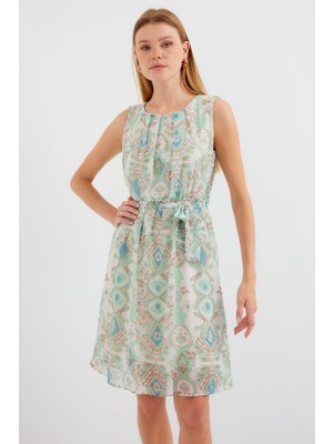 Indispensablely 2501 Desenli Sıfır Kol Şifon Elbise - Mint